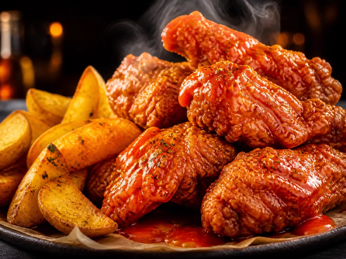 Crispy chicken wings tossed in glossy buffalo sauce with golden potato wedges